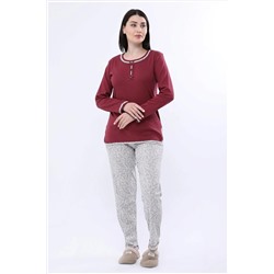 ANGELİNA Kadın Kırmzı Bordo Şal Desenli Kalın Kışlık Ribana Kumaş Uzun Kol Rahat Pijama Takımı 6108 46246221