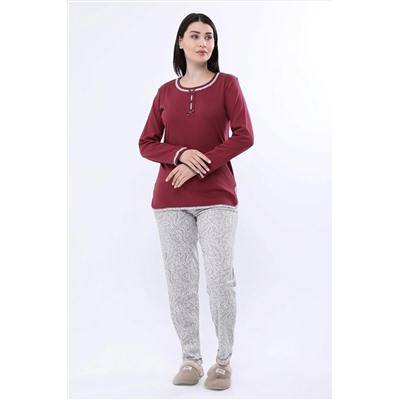 ANGELİNA Kadın Kırmzı Bordo Şal Desenli Kalın Kışlık Ribana Kumaş Uzun Kol Rahat Pijama Takımı 6108 46246221