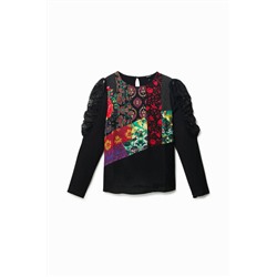Blusa patch digital mangas encaje
