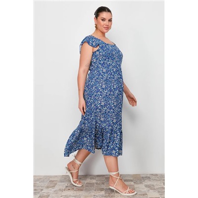Lacivert A Kesim Midi Fırfırlı Çiçek Desenli Dokuma Elbise TBBSS24AH00169