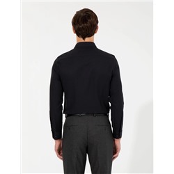 Siyah Slim Fit Armürlü Uzun Kollu Gömlek