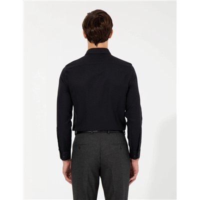 Siyah Slim Fit Armürlü Uzun Kollu Gömlek