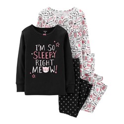 4-Piece Glow-In-The-Dark Kitty Snug Fit Cotton PJs