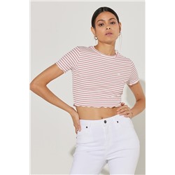 Lee Regular Fit Normal Kesim Bisiklet Yaka Çizgili Fuşya Crop Tişört L231113