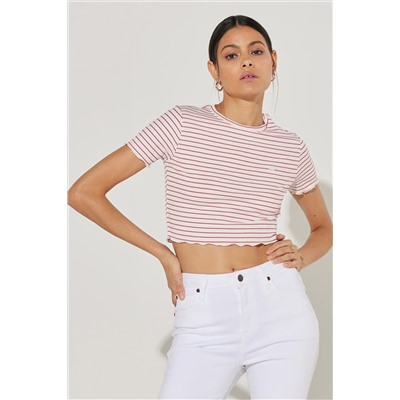 Lee Regular Fit Normal Kesim Bisiklet Yaka Çizgili Fuşya Crop Tişört L231113