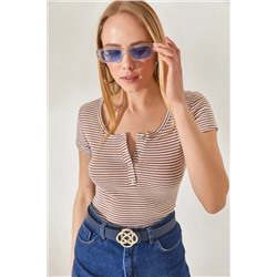 Olalook, Kadın Çizgili Bej Çıtçıtlı Kaşkorse Bluz BLZ-19000171