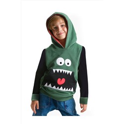 Denokids Obur Canavar Kapişonlu Haki Siyah Erkek Çocuk Sweatshirt CFF-18S1-047