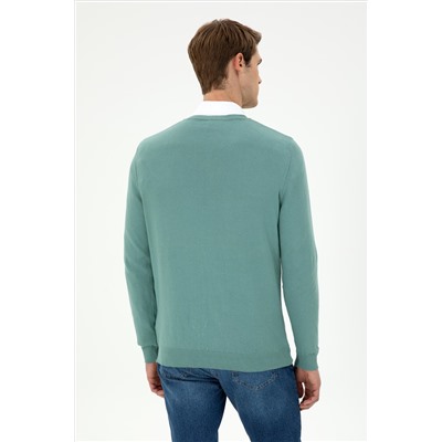 Erkek Slim Fit V Yaka Mint Basic Kazak