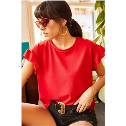 Olalook, Kadın Kırmızı Kolu Fırfırlı Kaşkorse Tişört TSH-19000417