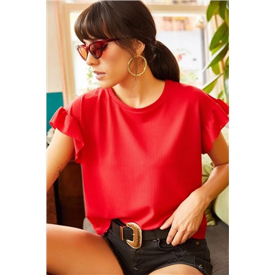 Olalook, Kadın Kırmızı Kolu Fırfırlı Kaşkorse Tişört TSH-19000417