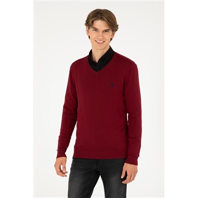 Erkek Slim Fit V Yaka Bordo Basic Kazak