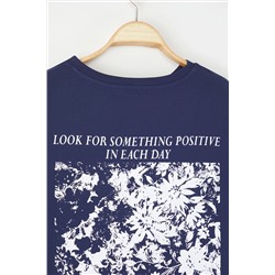 Lacivert Oversize Fit %100 Pamuk Ön ve Arka Baskılı Örme Büyük Beden T-Shirt TBBSS25BF00002