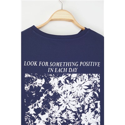 Lacivert Oversize Fit %100 Pamuk Ön ve Arka Baskılı Örme Büyük Beden T-Shirt TBBSS25BF00002