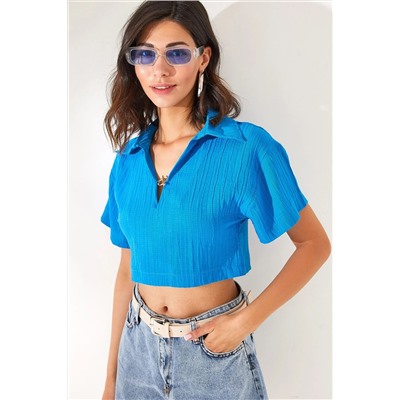 Olalook, Kadın Mavi Polo Yaka Aksesuarlı Crop Bluz BLZ-19002311