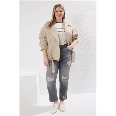 Trendyol Curve Bej Düşük Kol Oversize Büyük Beden Ceket Mont TBBSS25AW00003