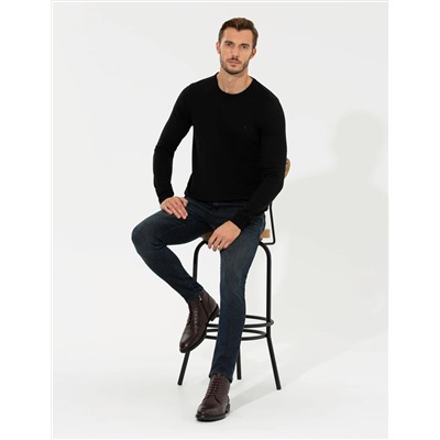 Siyah Slim Fit Bisiklet Yaka Basic Triko Kazak