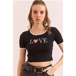 Olalook, Kadın Siyah Love Nakışlı Crop Esnek Pamuk Bluz BLZ-19002905