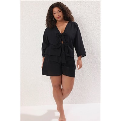 Siyah Bağlama Detaylı Beachwear Büyük Beden Alt-Üst Takım TBBSS25CP00001