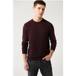 Bordo Bisiklet Yaka Önü Dokulu Pamuklu Regular Fit Standart Kesim Triko Kazak