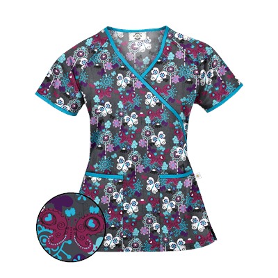 Happy Scrubs® Oh Happy Day Pewter Mock Wrap Scrub Top
