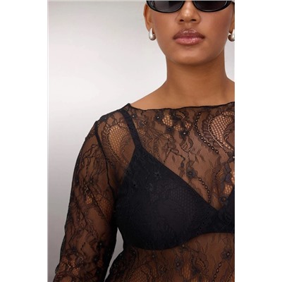 Siyah Regular Fit Kayık Yaka Dantel Esnek Örme Büyük Beden Bluz TBBAW26AF00031