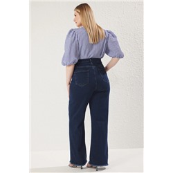 Koyu Mavi Yüksek Bel Pis Uç Detaylı Geniş Paça Comfort Büyük Beden Wide Leg Jeans TBBSS23CJ00009