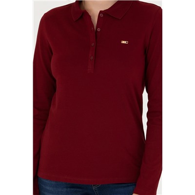 Kadın Bordo Basic Polo Yaka Sweatshirt