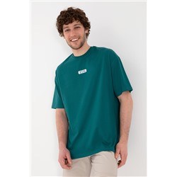 Erkek Oversize Fit Bisiklet Yaka Koyu Yeşil Tişört