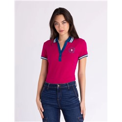 OMBRE TIPPED Y-PLACKET PUFF SLEEVE POLO SHIRT