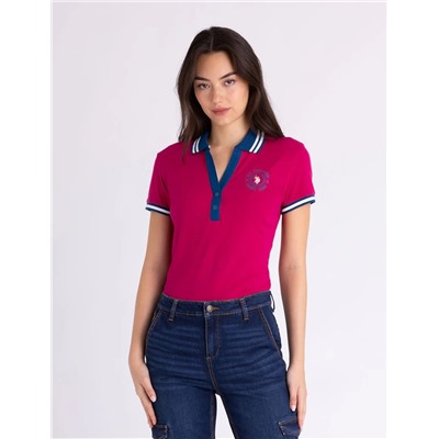 OMBRE TIPPED Y-PLACKET PUFF SLEEVE POLO SHIRT