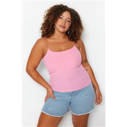 Pembe Spagetti Askılı Crop Fitilli Örme Büyük Beden Bluz TBBSS23AF00013