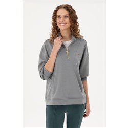 Kadın Gri Melanj Fermuarlı Sweatshirt