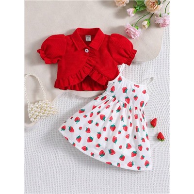 Baby Puffärmeln, Rüschenbesatz, Top mit & Erdbeere Muster, Cami Kleid mit