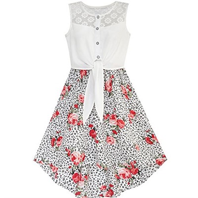 Sunny Fashion Girls Dress Chiffon Floral High-Low Tie Waist Party Princess