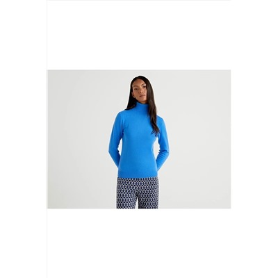 United Colors of Benetton Benetton Kadın Çivit Mavi Dik Yaka Merino Kazak 122A1002D2348-08A