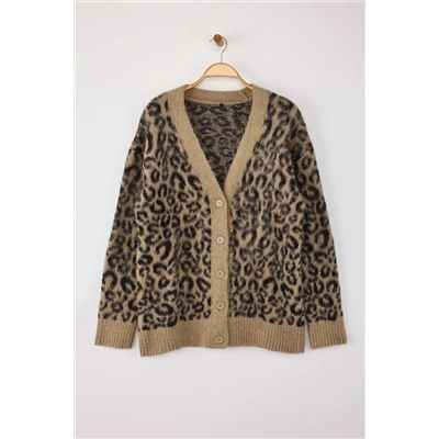 Camel Leopar Desenli Yumuşak Tuşeli Relax Fitt Triko Hırka TBBAW26AV00001