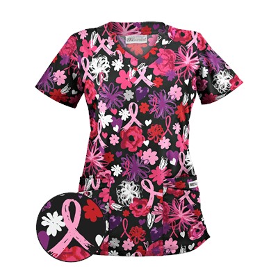 UA Painted Pink Ribbons Black Print Scrub Top