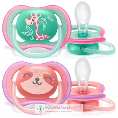 Avent Sucettes Ultra Air 18 mois+ Girafe & Paresseux x2