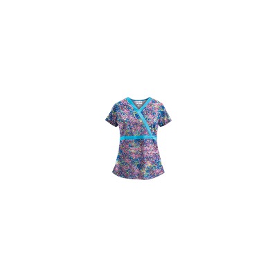 UA Spring Ditzy Turquoise Mock Wrap Scrub Top