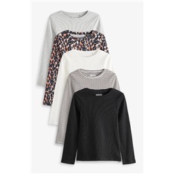 Black/Animal/White/Stripe 5 Pack Ribbed Long Sleeve Tops