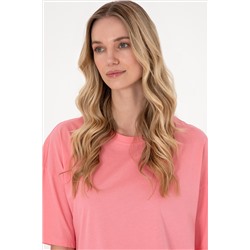 Kadın Pembe Oversize Bisiklet Yaka Tişört