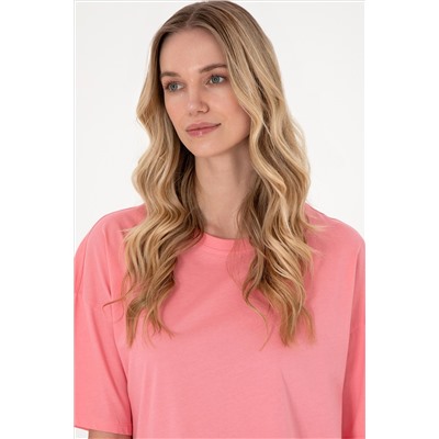 Kadın Pembe Oversize Bisiklet Yaka Tişört