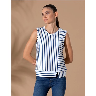 İndigo Çizgili Comfort Fit Kolsuz Bluz
