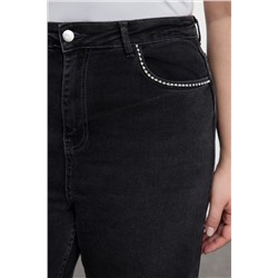 Antrasit Yüksek Bel Cepleri Taşlı Geniş Paça Büyük Beden Jeans
