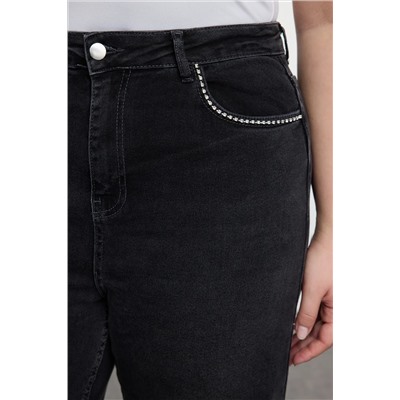 Antrasit Yüksek Bel Cepleri Taşlı Geniş Paça Büyük Beden Jeans