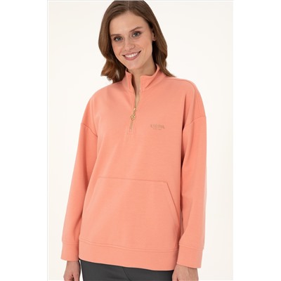 Kadın Somon Dik Yaka Fermuarlı Sweatshirt