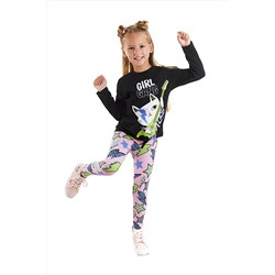 Mushi Girl Gang Kız Çocuk Siyah T-shirt Pembe Tayt Takım MS-23S1-026