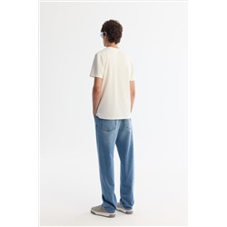 Ekru Bisiklet Yaka Baskılı Elastan T-Shirt
