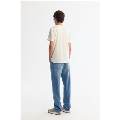 Ekru Bisiklet Yaka Baskılı Elastan T-Shirt