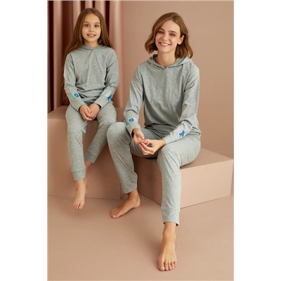 Siyah İnci Gri Pamuklu Likralı Kapişonlu Pijama Takım 22263332